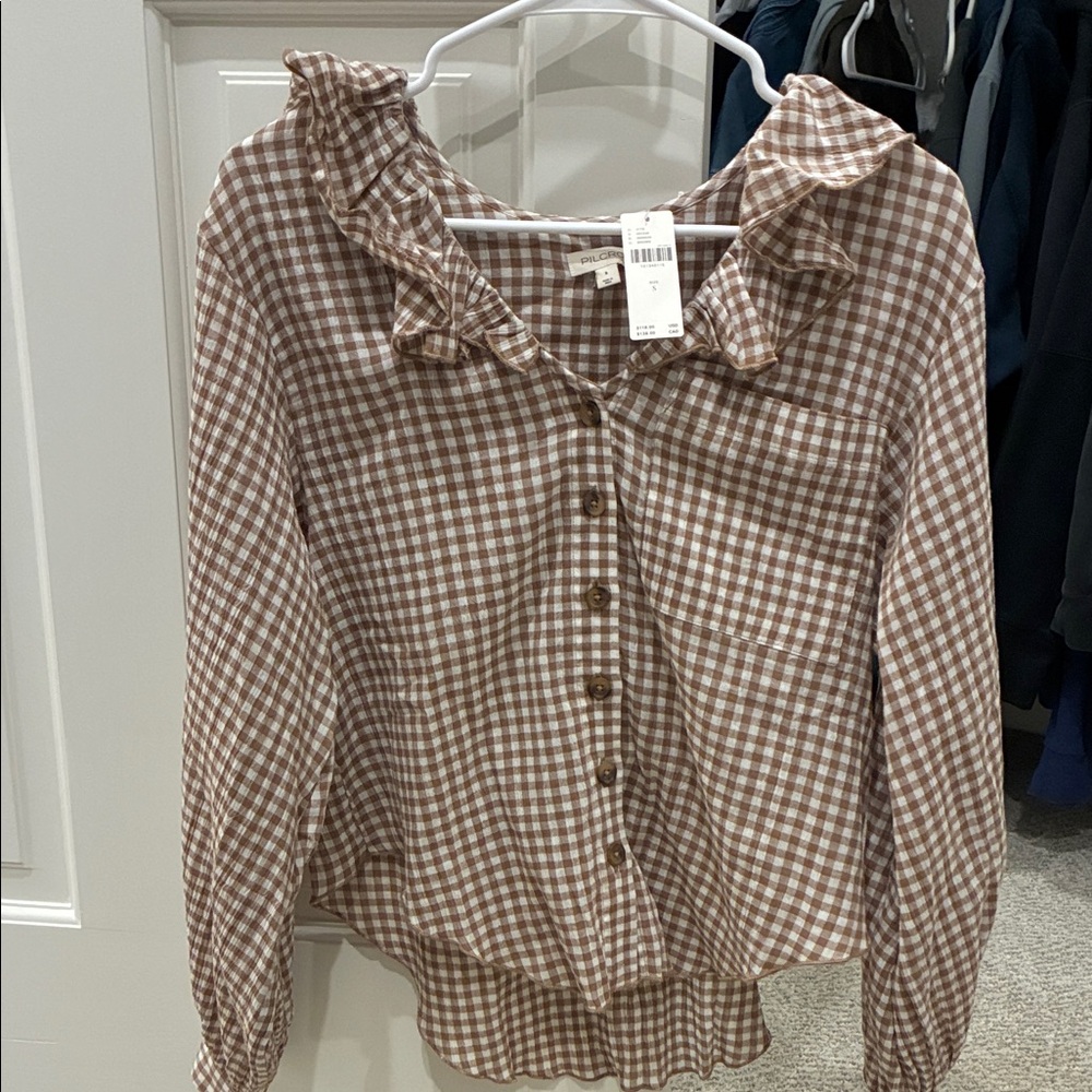 Pilcro Anthropologie Brown Checkered Ruffle Blouse